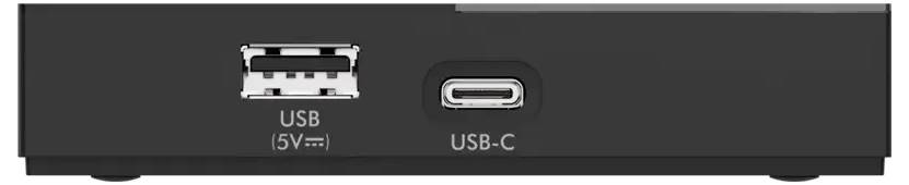 Een zwart apparaat met twee poorten: een USB-A-poort met het label 'USB (5V–/1.5A)' en een USB-C-poort met het label 'USB-C'.