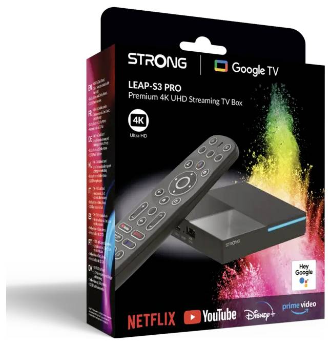 Verpakking voor Strong Leap-S3 Pro, een 4K UHD streaming tv-box met Google TV, met Netflix, YouTube, Disney+ en Prime Video.