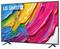 Een levendige LG QNED AI TV op een standaard toont kleurrijke abstracte verfstreken, waarbij de levendige kleuren van het scherm worden gedemonstreerd.