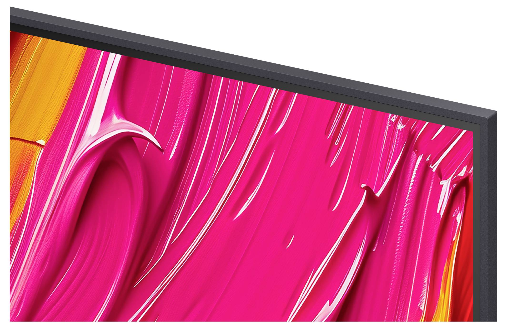 Een abstract schilderij met levendige roze, oranje en rode penseestreken creëert een dynamisch, gelaagd effect op een ingelijste doek.