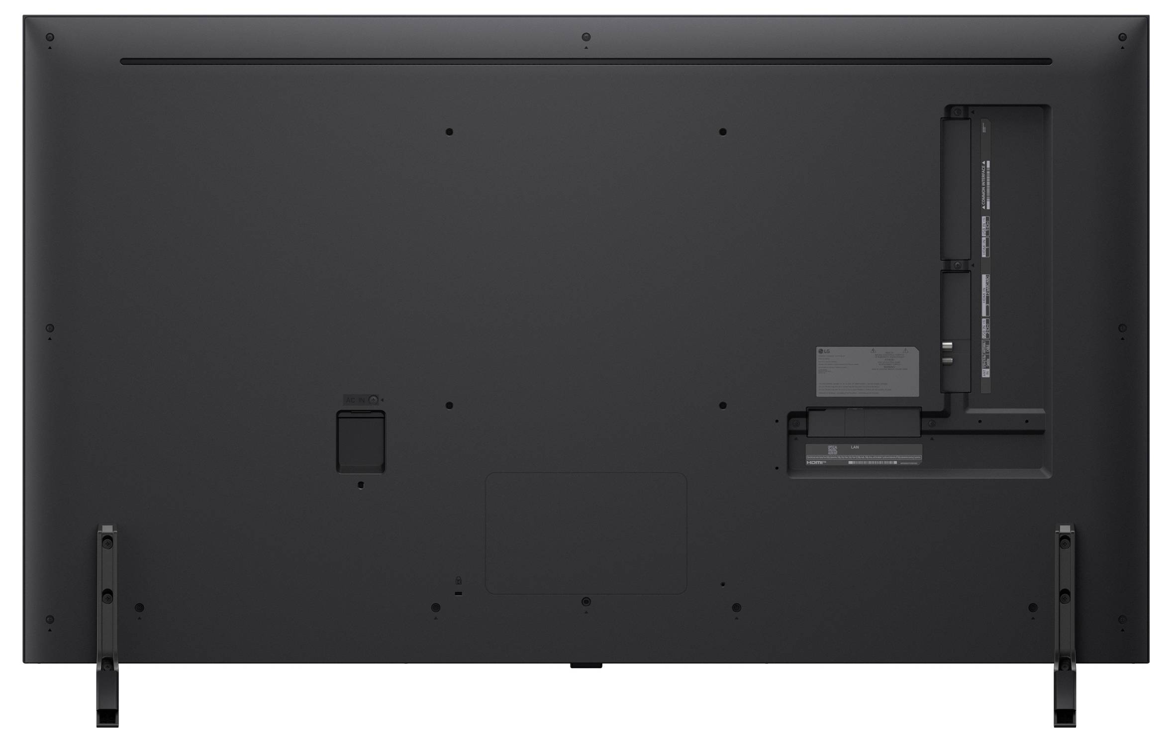 Achterkant van een flatscreen-tv met verschillende aansluitpoorten aan de rechterkant. De standaard is zichtbaar, en er zijn bevestigingsgaten voor wandmontage.