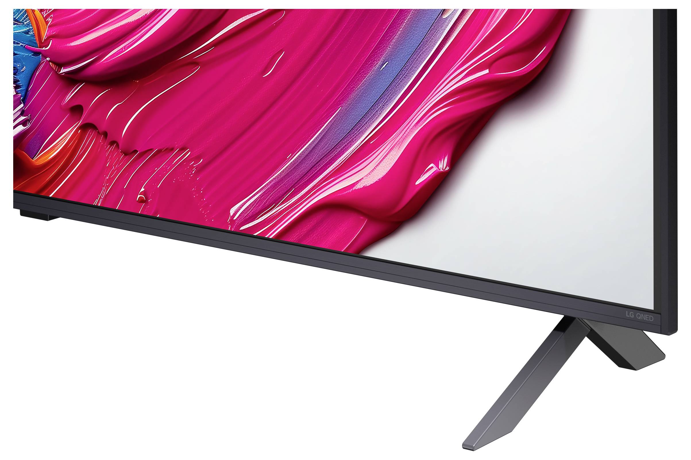 'Close-up van een strak, modern tv-scherm dat levendige roze en rode abstracte kunst vertoont met een stijlvolle standaard.'