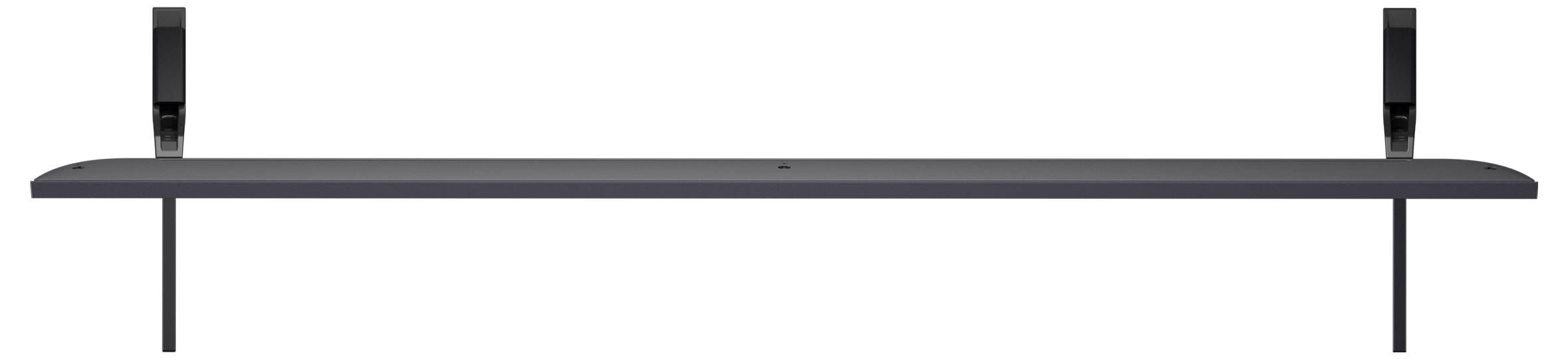 Een zwarte wandplank met twee beugels en een centraal gat voor kabelbeheer.