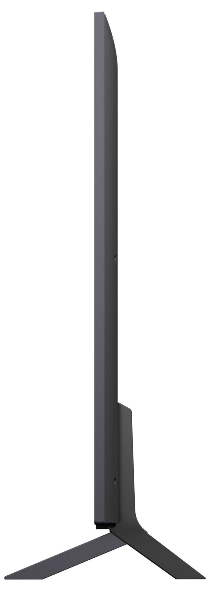 Een zijaanzicht van een moderne platte tv die zijn slanke profiel en standaard laat zien.