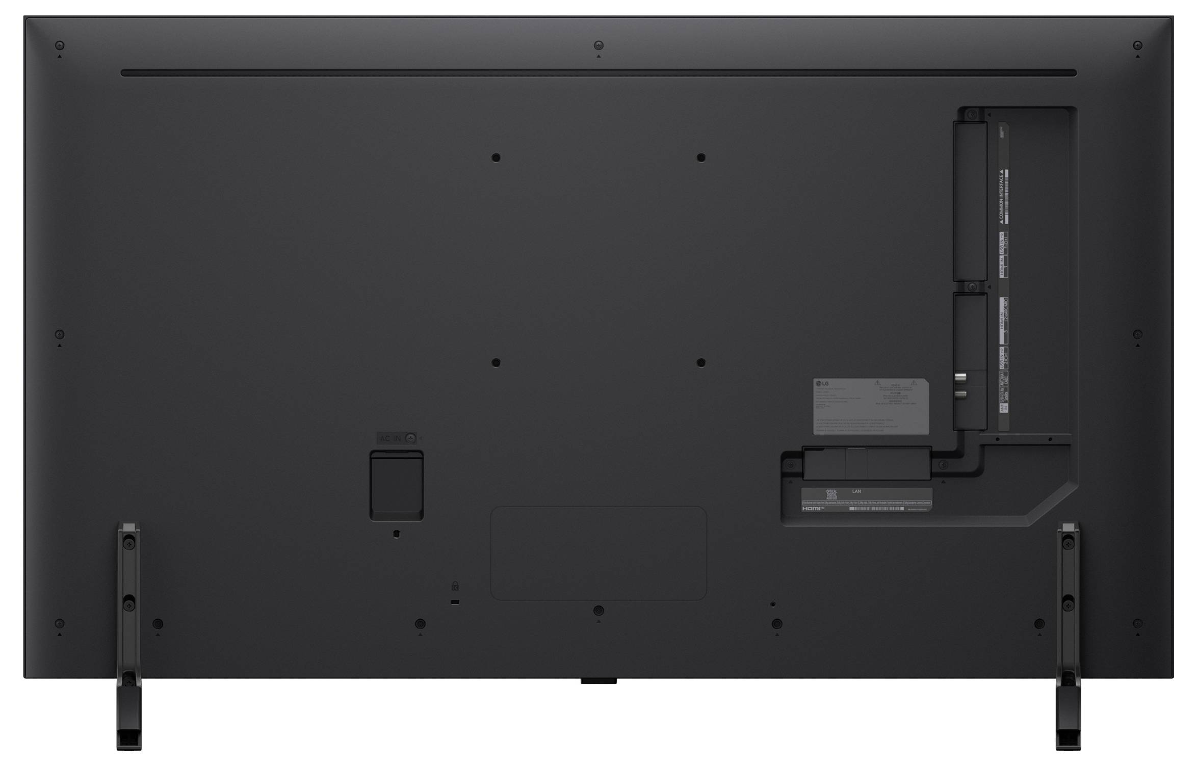 Achteraanzicht van een grote flatscreen-tv met aansluitpoorten en bevestigingsbeugels.
