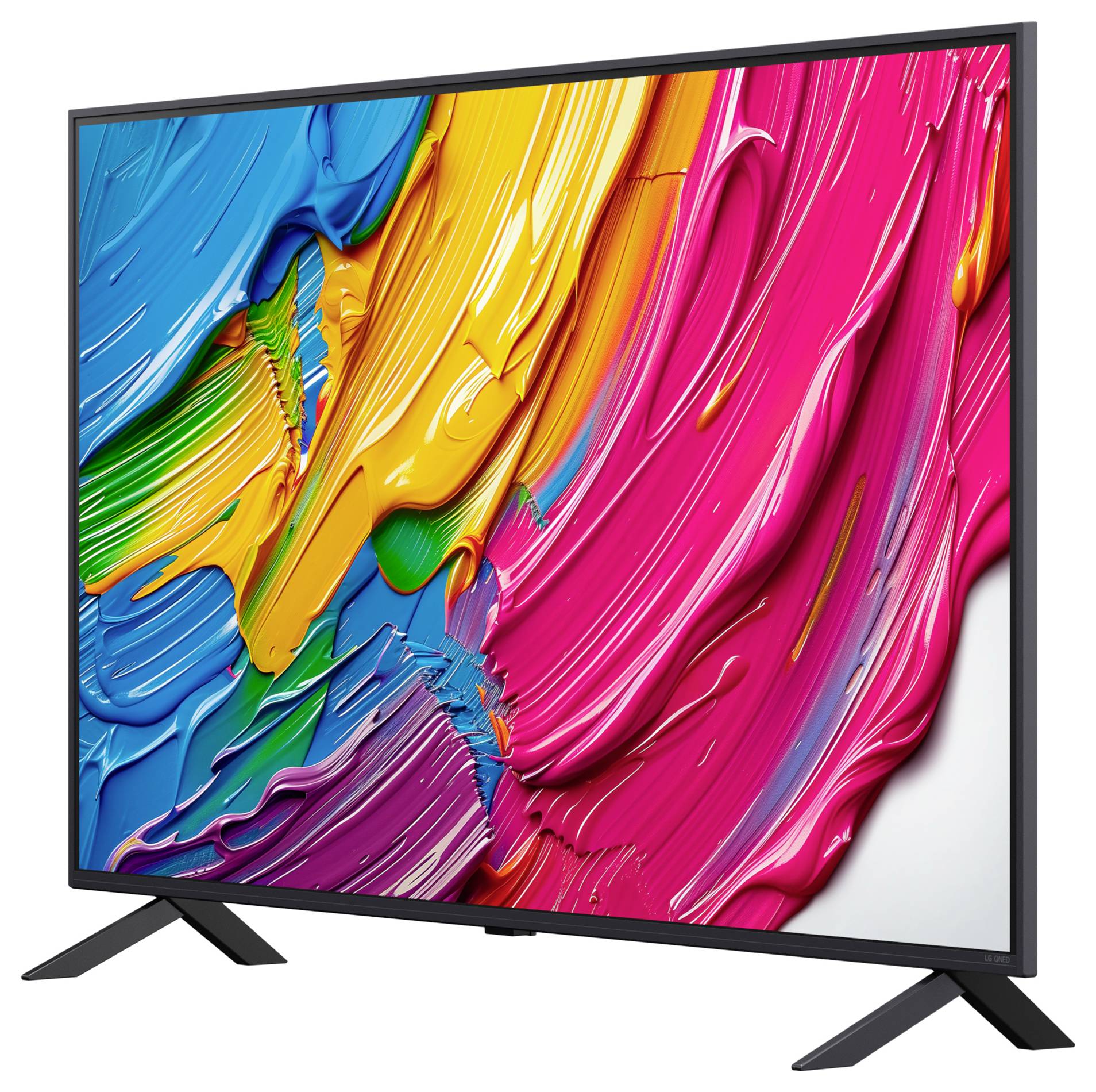 Een levendige tv-scherm dat een kleurrijk abstract schilderij toont met gedurfde penseelstreken in blauw, geel, groen en roze.