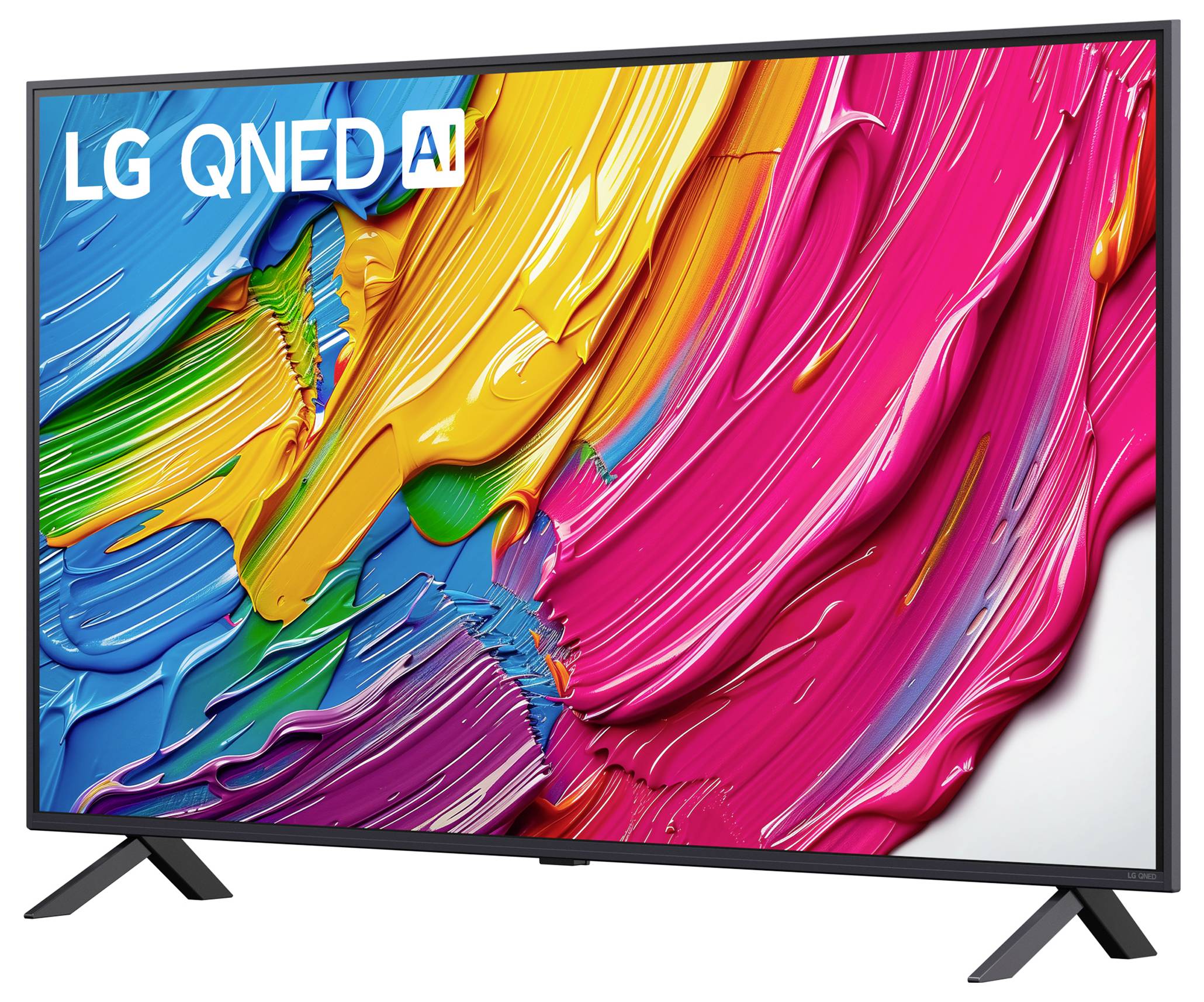 Een levendige, kleurrijke schermweergave toont de LG QNED AI TV, met een levendig abstract verfpatroon in blauw, groen, geel en roze.