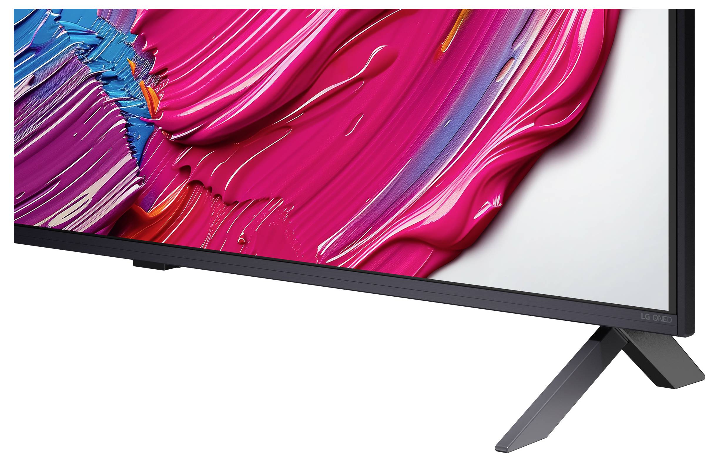 'Een close-up van een strak, modern televisietoestel dat levendige abstracte kleuren vertoont, met een deel van zijn standaard zichtbaar onderaan.'