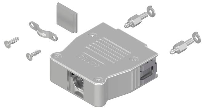 Een gedemonteerde D-sub connector kit met de connectorbehuizing, schroeven, moeren en montagebeugel.