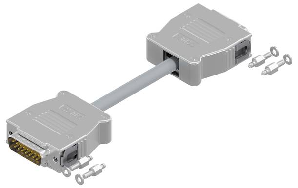 Een grijze mannelijk-naar-vrouwelijk DB connectorkabel wordt getoond met schroeven en ringen naast elk uiteinde voor het bevestigen van de connectoren.