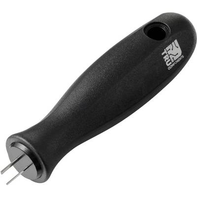Een zwart gereedschap met een handvat en drie metalen tanden, gebruikt voor het verwijderen van fietsventielkernen.