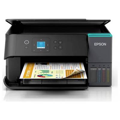 Een zwarte Epson-printer met een inktreservoir, die een kleurrijke afgedrukte pagina met grafieken en tekst toont, waarbij de afdruk-mogelijkheden worden benadrukt.