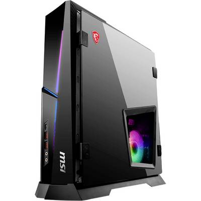 Een strakke, zwarte MSI gaming-pc met een zijdelingse RGB-ventilator en voorpoorten, ontworpen voor high-performance gaming en multimediagebruik.