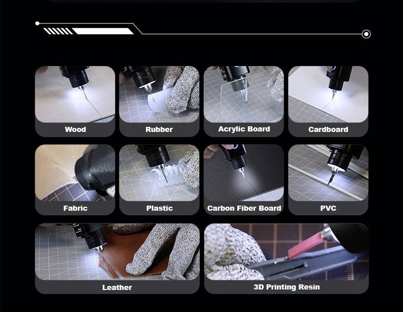 Een collage die een lasergraveermachine toont die wordt gebruikt op verschillende materialen: hout, rubber, acryl, karton, stof, plastic, koolstofvezel, PVC, leer en 3D-printharsen.