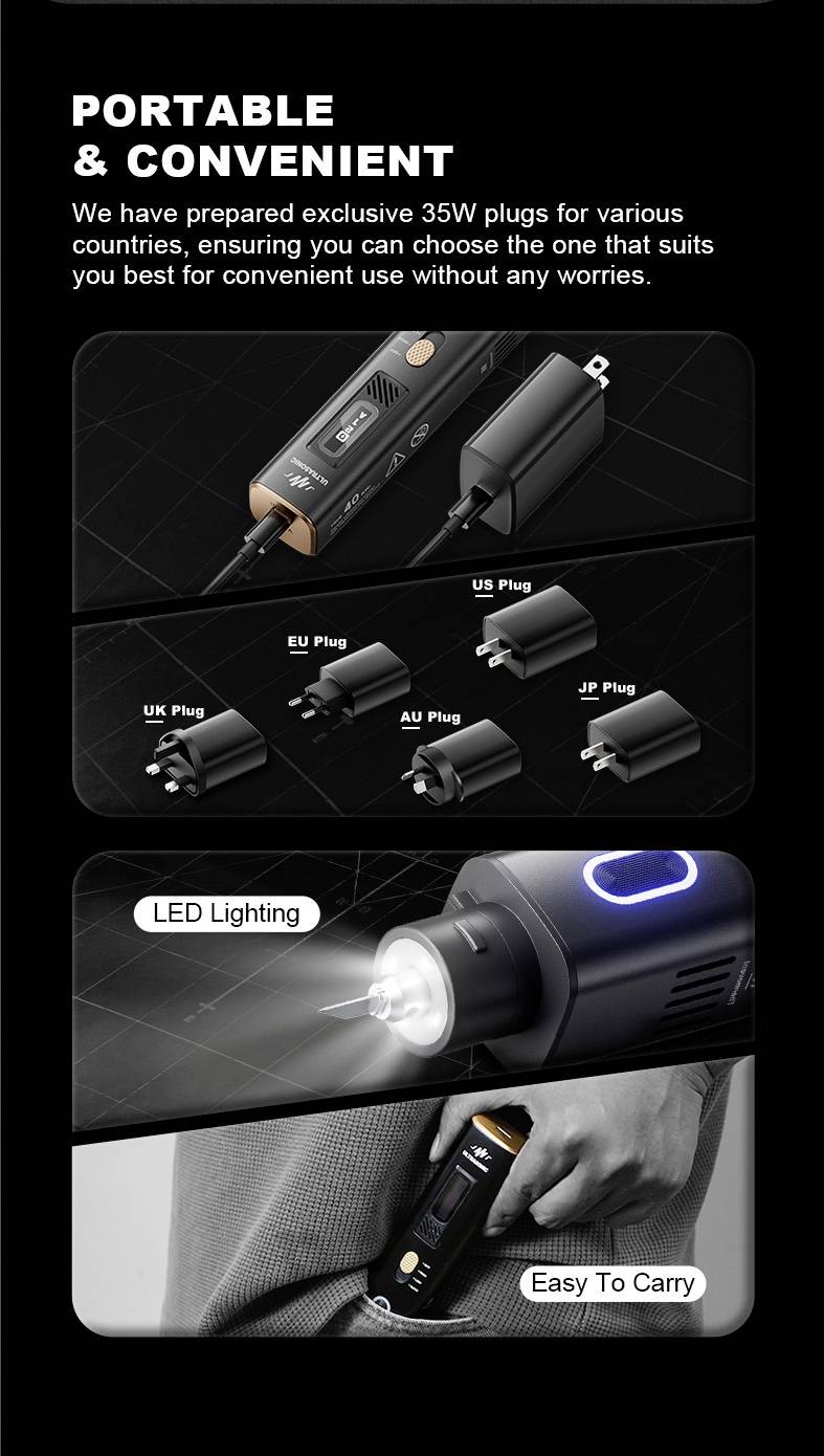 'Draagbaar & Handig' branding met universele stekkeradapters voor EU, VK, AU, VS, JP. Voorzien van LED-verlichting en een gemakkelijk mee te nemen ontwerp.