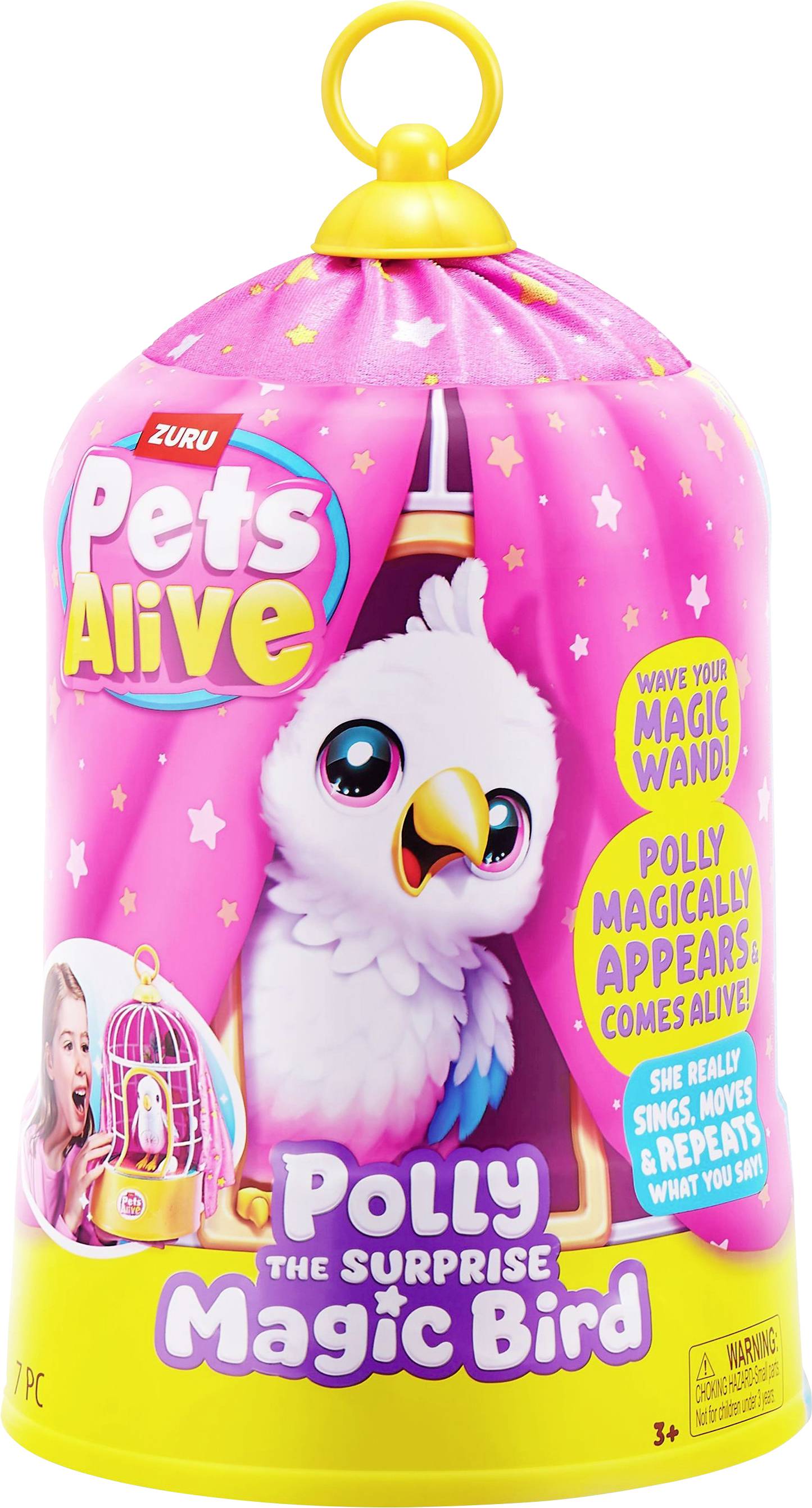 Een roze verpakking van 'Pets Alive' speelgoed met 'Polly de Verrassing Magische Vogel'. Bevat tekst en afbeeldingen die de interactieve functies promoten.