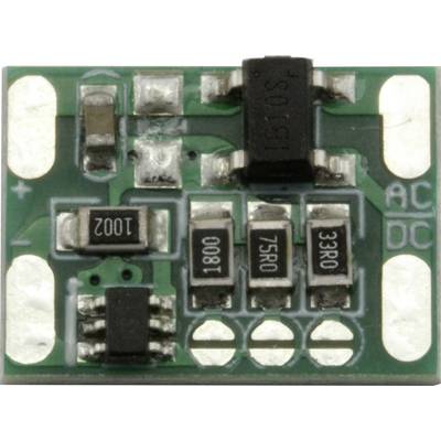 Een groen en wit elektronisch printbord met verschillende componenten gelabeld als '1002', '1800', '75RO' en '33RO', gemarkeerd met '+', 'AC', 'DC'.