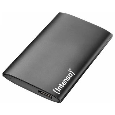 Een zwarte, draagbare externe harde schijf met een strak design, voorzien van het merklogo 'Intenso' op zijn oppervlak en een USB-poort.