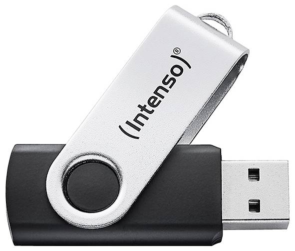 Een zilverkleurige en zwarte USB-stick met een draaibare kap waarop 'Intenso' staat vermeld.