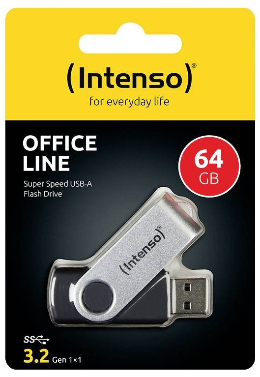 Intenso Office Line 64GB USB-A flashdrive in verpakking, met promotie voor 'Super Speed' en USB 3.2 Gen 1x1.