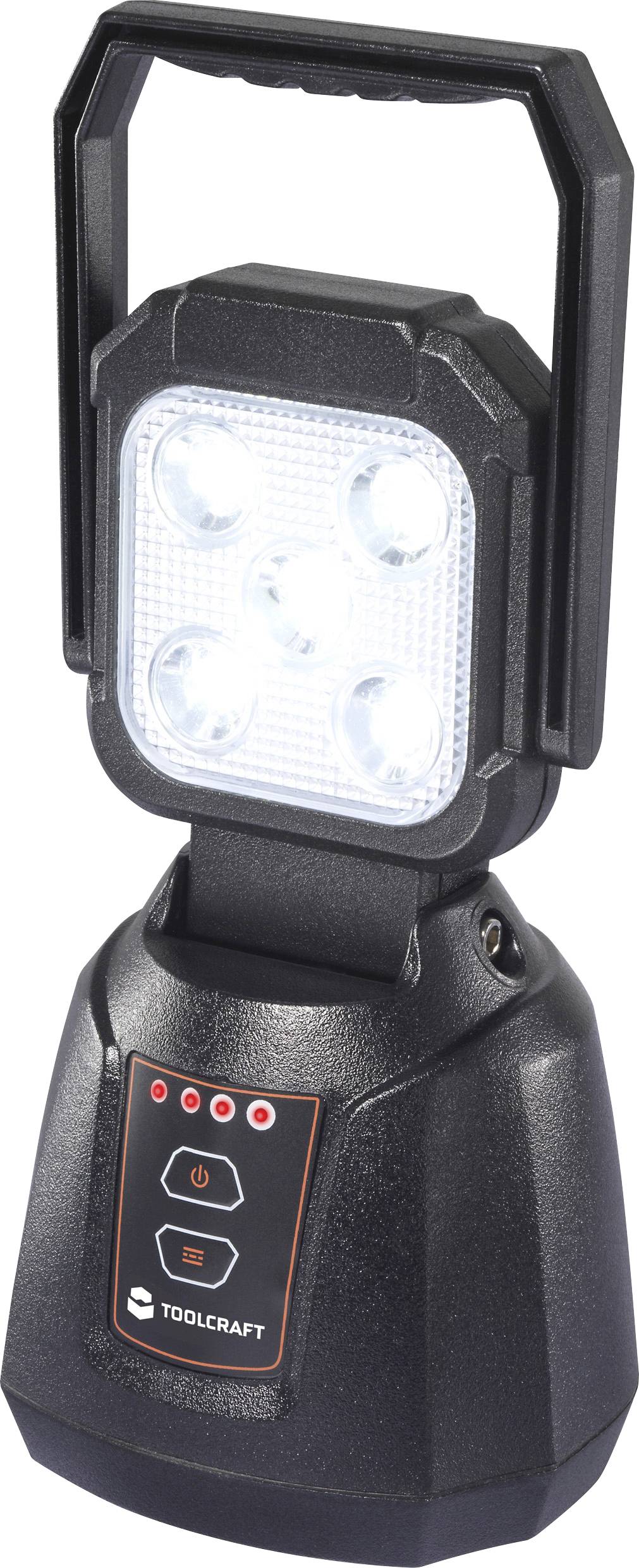 Een draagbare LED-werklamp met een verstelbare standaard en handgreep, voorzien van vijf felle LED's en bedieningsknoppen op het voorpaneel.