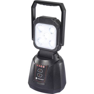 Een draagbare LED-werklamp met een verstelbare standaard en handgreep, voorzien van vijf felle LED's en bedieningsknoppen op het voorpaneel.