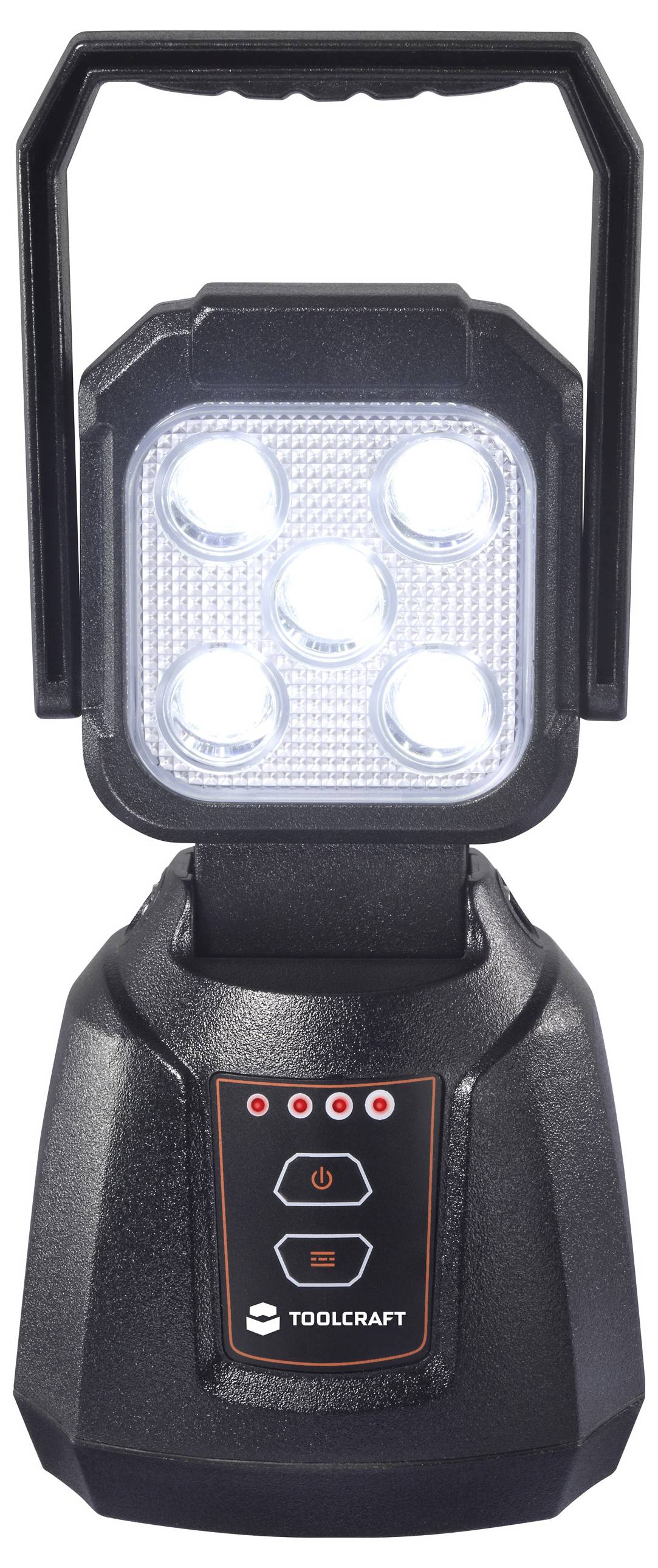 Een zwarte draagbare LED-werklamp met een handgreep en vier heldere lampen. De voet heeft een bedieningspaneel met vier rode lichtindicatoren.