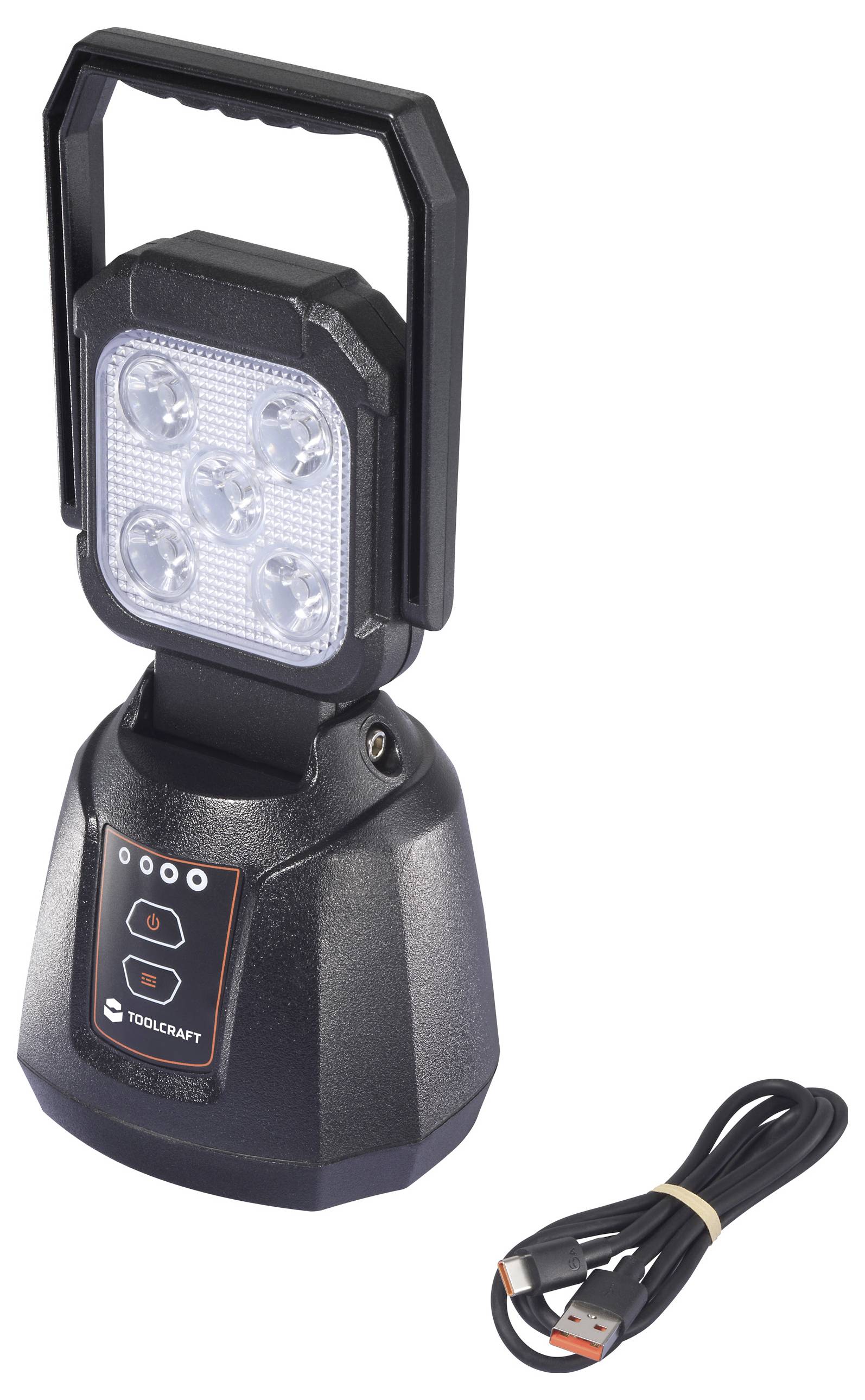 Een draagbare zwarte LED-werklamp met vijf lampen op een standaard, voorzien van een handgreep en bedieningspaneel. Naast de lamp bevindt zich een USB-oplaadkabel.