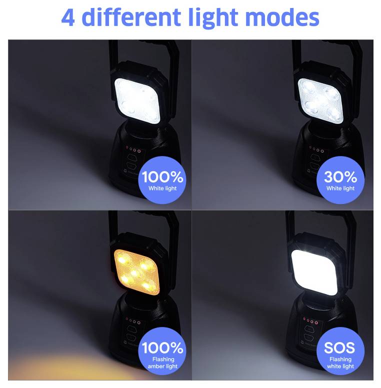 Vier zaklantaarns tonen verschillende lichtmodi: 100% wit licht, 30% wit licht, 100% knipperend amber licht en SOS knipperend wit licht.