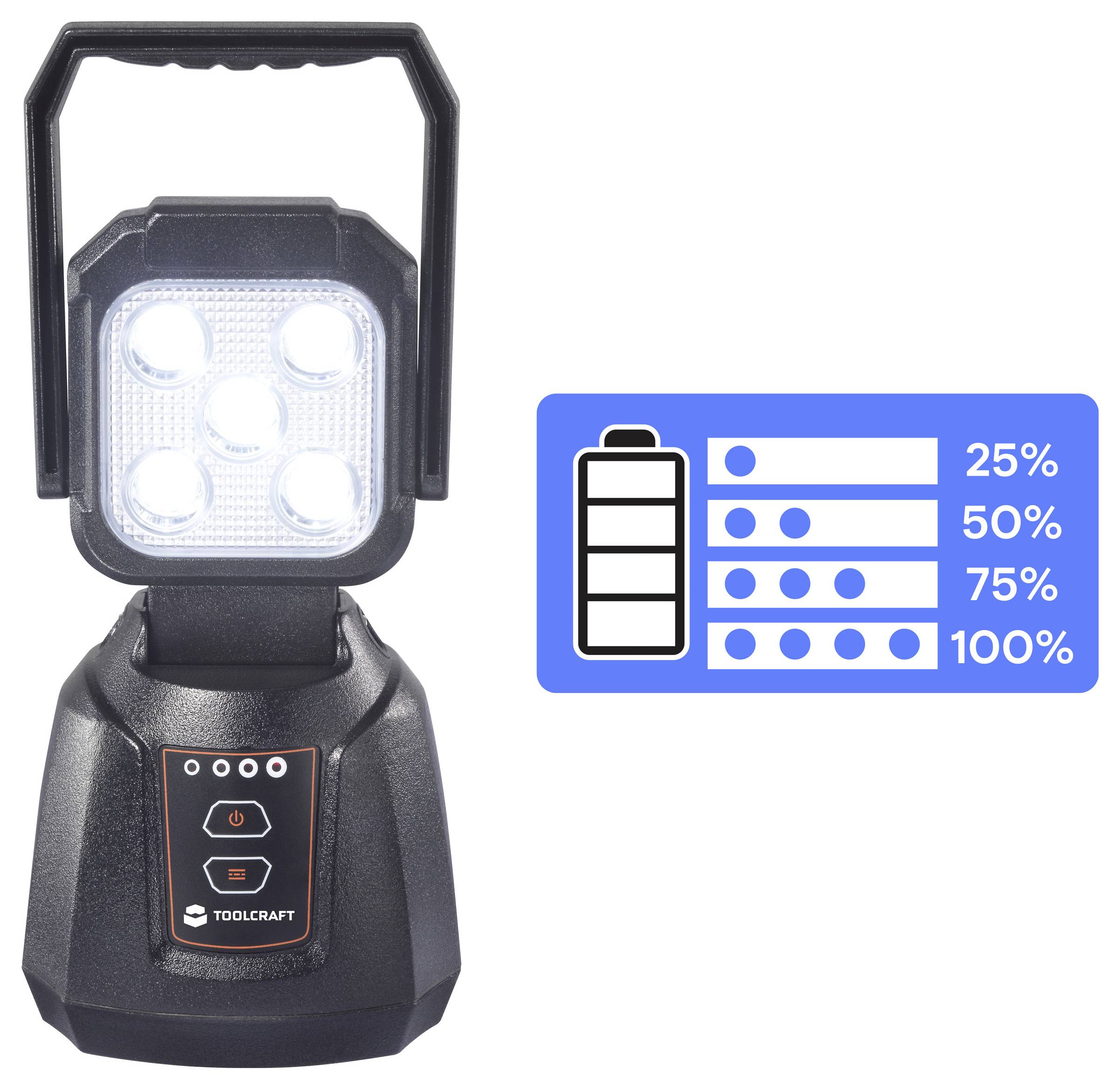 Een zwarte LED-werklamp met handgreep, voorzien van het label 'TOOLCRAFT', naast een blauwe batterij-icoon dat oplaadniveaus aangeeft: 25%, 50%, 75%, 100%.