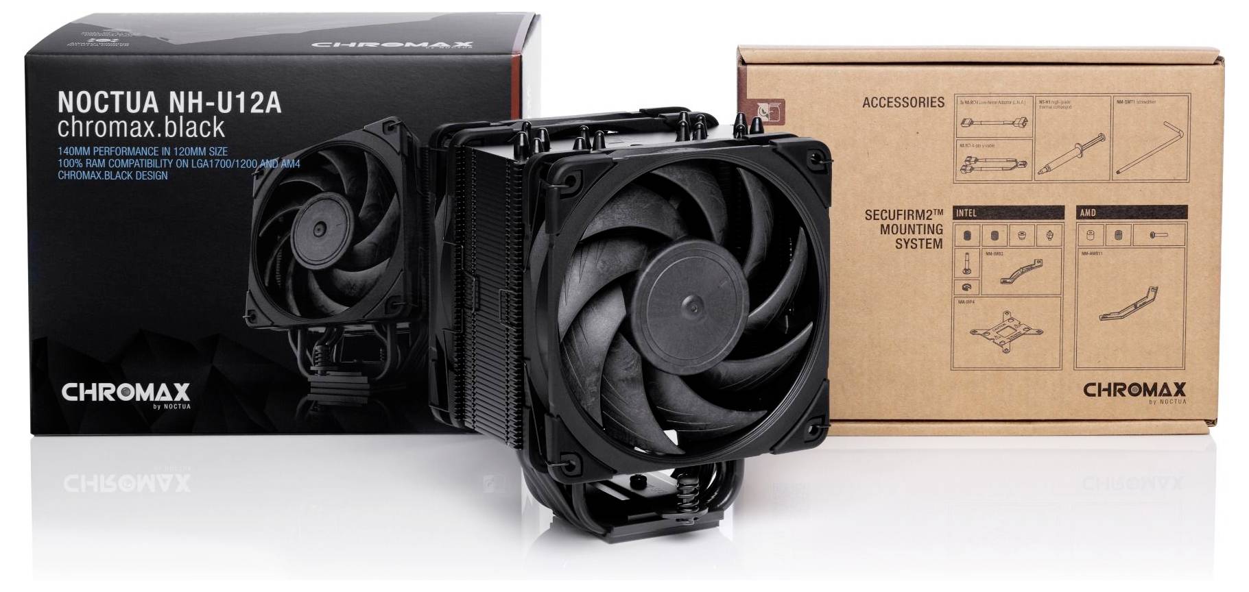 'Noctua NH-U12A chromax.black' CPU-koeler met twee ventilatoren, voorzien van een zwart design. Verpakking toont productdetails en accessoires.