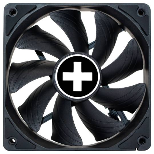 Een close-up afbeelding van een zwarte computer koelventilator met een wit kruis in een zwarte cirkel in het midden.