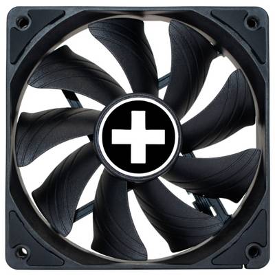 Een close-up afbeelding van een zwarte computer koelventilator met een wit kruis in een zwarte cirkel in het midden.