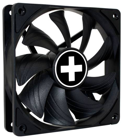Een zwarte computerkoelventilator met een wit plustekenlogo in het midden, met meerdere gebogen schoepen in een vierkante behuizing.