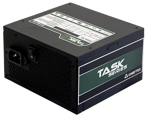 Een zwarte computervoeding met het label 'TASK Series', ontworpen door Chieftec, met een zichtbare aan/uit-schakelaar en een ventilatierooster.