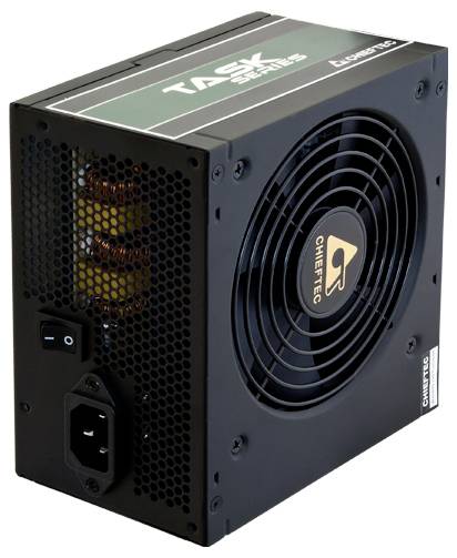 Chieftec TASK-serie voedingseenheid met een koelventilator en zichtbare stroompoort, ontworpen voor computerhardware.