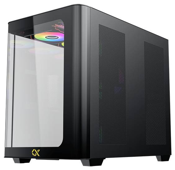 Een strak zwarte computerbehuizing met een transparant zijpaneel, waarbij de interne RGB-verlichting en componenten worden tentoongespreid.