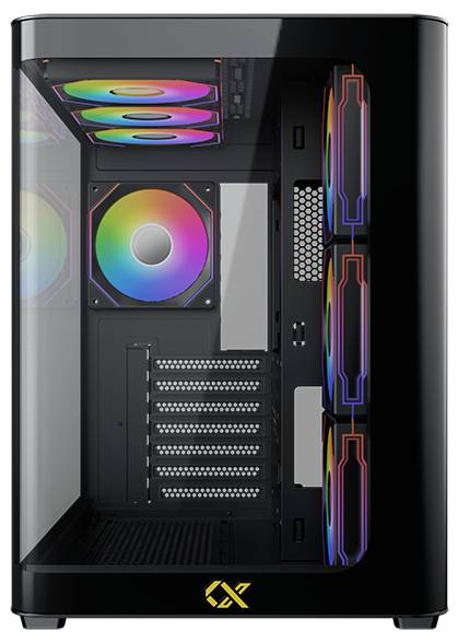 Een zwarte computerbehuizing met een transparant zijpaneel toont kleurrijke RGB-fans en meerdere sleuven voor componenten aan de binnenkant.