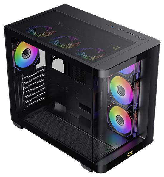 Een zwarte computerbehuizing met transparant zijpaneel, uitgerust met kleurrijke RGB-ventilatoren aan de voorkant en bovenkant.