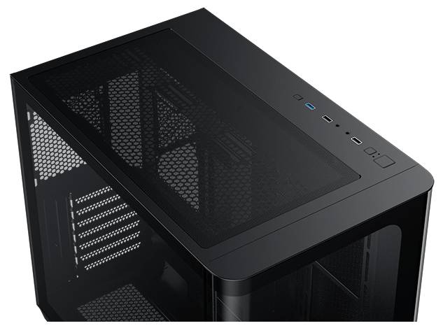 Een zwarte computerbehuizing met een strakke, transparante zijpaneel en ventilatie aan de bovenkant. Het beschikt over verschillende poorten en knoppen op de voorste bovenrand.