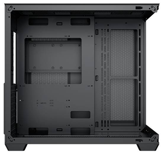 Een zwarte lege pc-behuizing gezien van opzij, waarbij de binnenkant zichtbaar is voor het plaatsen van componenten zoals het moederbord en de stations.