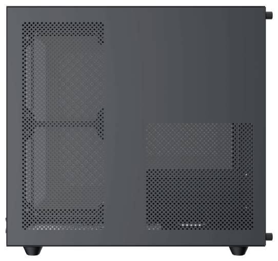 Een zwarte computerbehuizing met een geperforeerd zijpaneel voor ventilatie, waarbij zichtbare secties zijn ingericht voor het bevestigen van interne componenten.