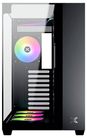 Computerbehuizing met glazen zijpaneel, waarbij interne RGB-verlichting zichtbaar is en meerdere ventilatorsleuven, geschikt voor gaming of high-performance systemen.