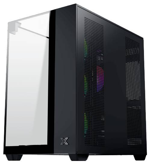 Een slanke zwarte computerbehuizing met een reflecterende glazen voorkant en zichtbare binnenverlichting door ventilatieroosters aan de zijkant.