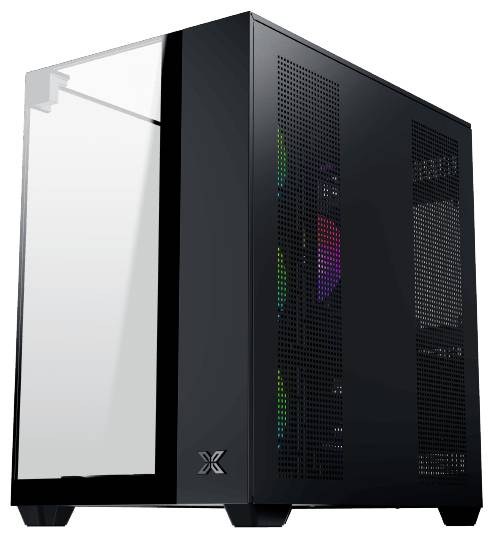 Een zwarte computerbehuizing met een reflecterende glazen frontpaneel en zijdelingse ventilatie, met interne RGB-verlichting zichtbaar door het glas.