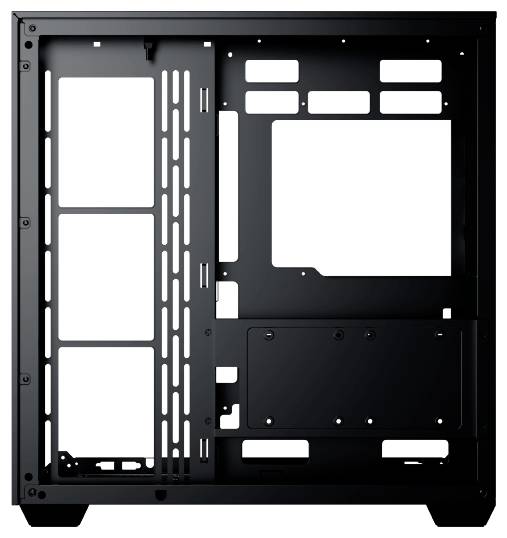 Een zwarte computerbehuizing die zijn interne frame laat zien, ontworpen voor het herbergen van hardwarecomponenten zoals moederborden, voedingen en drives.