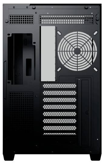 Een zwarte computerbehuizing achterpaneel met ventilatierooster, ventilatoropening, zeven uitbreidingssleuven en ruimte voor voeding en poorten.