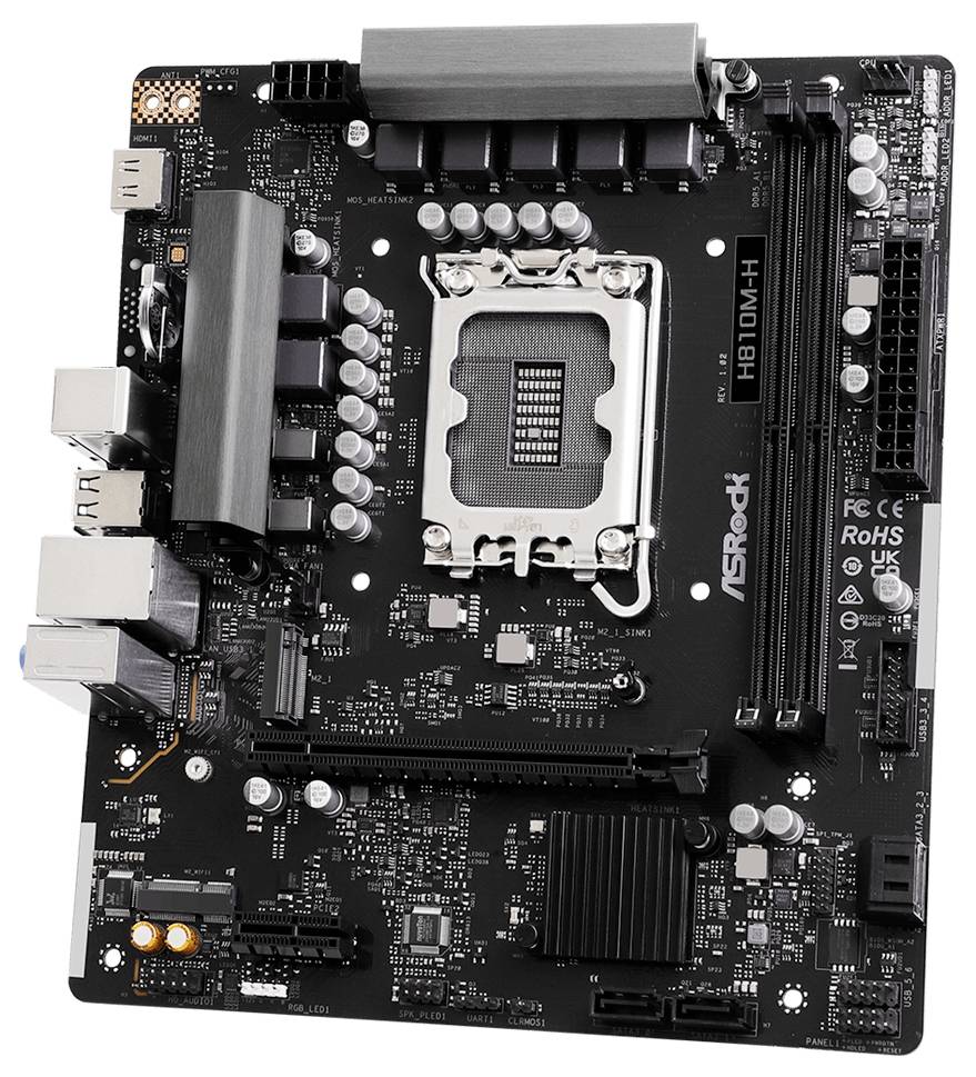Een zwarte Asrock H610M-H moederbord met zichtbare CPU-sokkel, RAM-sleuven en diverse aansluitingen, ontworpen voor computerassemblage.