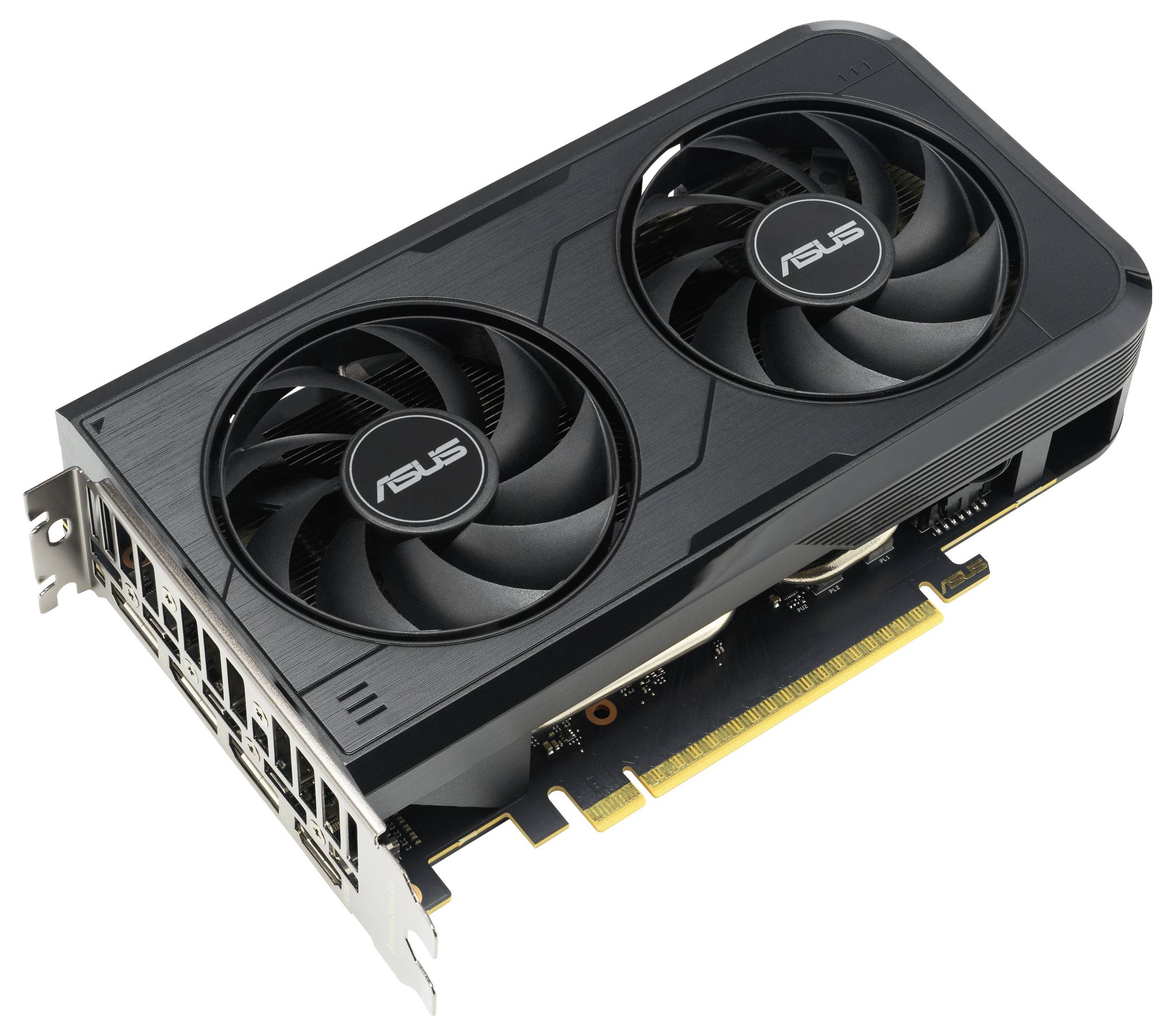 Een zwarte ASUS grafische kaart met twee grote ventilatoren, schuin aanzicht dat de zijkant en aansluitingsdetails laat zien.