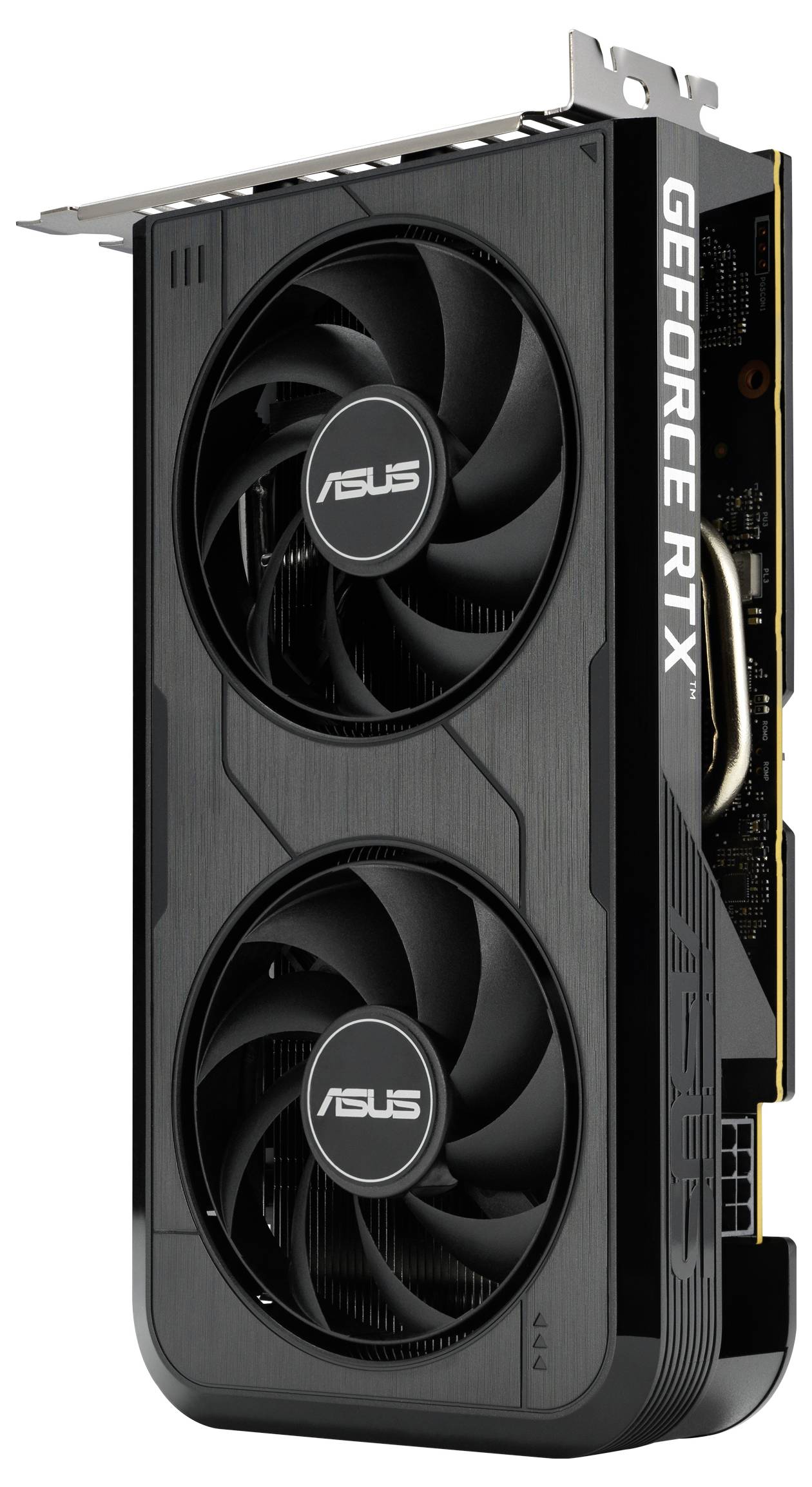 Een zwarte ASUS GeForce RTX-videokaart met dubbele fans en een metalen beugel, ontworpen voor high-performance gaming en rendering.